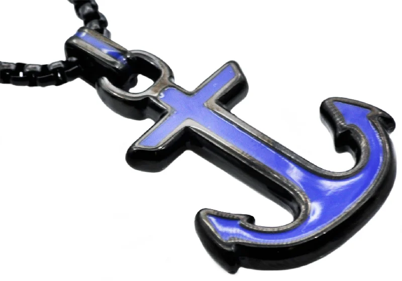 Women’s gold necklaces-Mens Black And Blue Stainless Steel Anchor Pendant Necklace