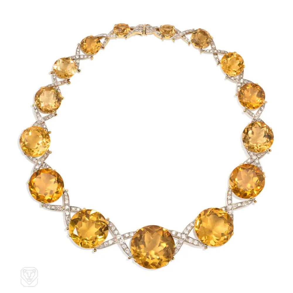 Women’s crystal drop necklaces-Retro citrine and diamond X-form necklace