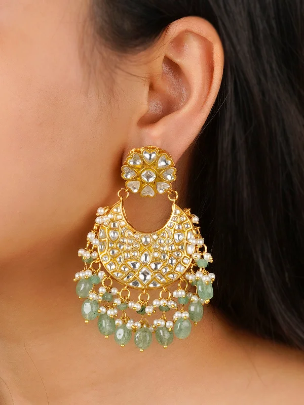 Women’s opal earrings-Green Color Gold Plated Thappa Jadau Kundan Earrings - TJ-E88A