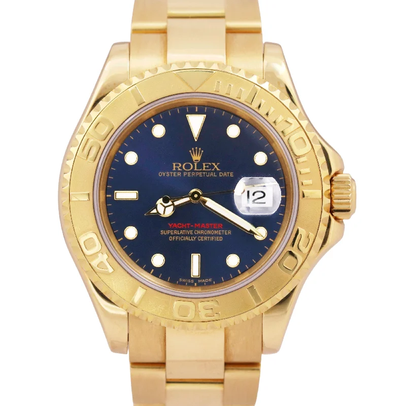 Unisex oversized watches-UNPOLISHED Rolex Yacht-Master BLUE 18K Yellow Gold 40mm NO-HOLES 16628 Watch