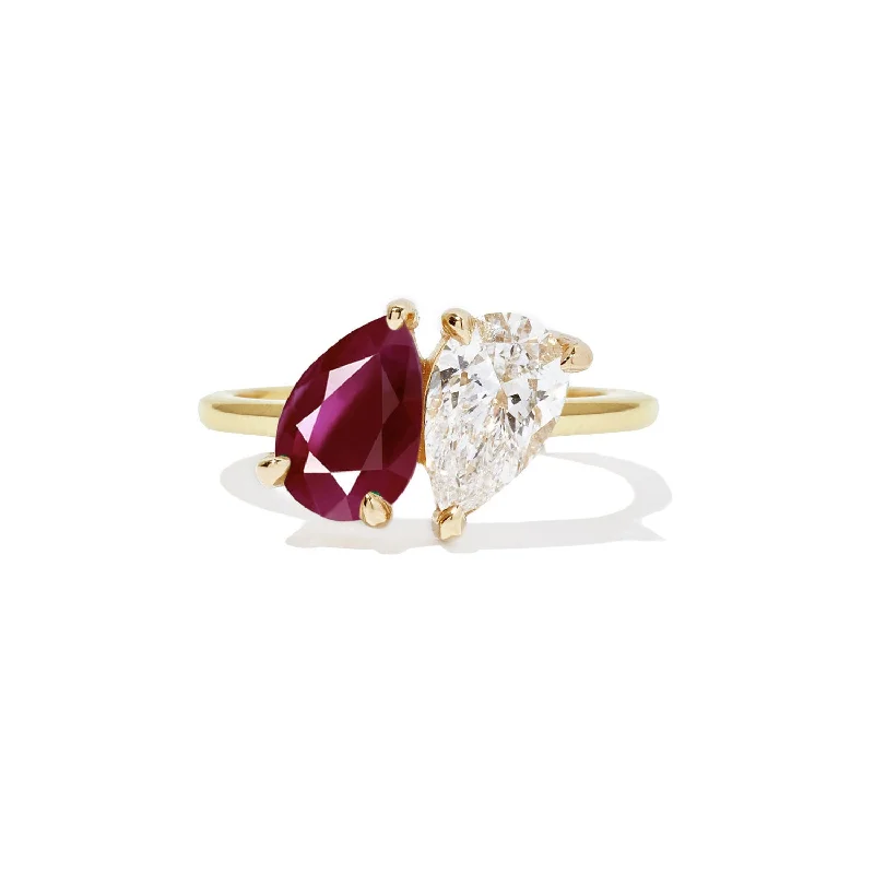 Women’s platinum diamond engagement rings-Pear Shaped Ruby & Diamond Toi et Moi Ring