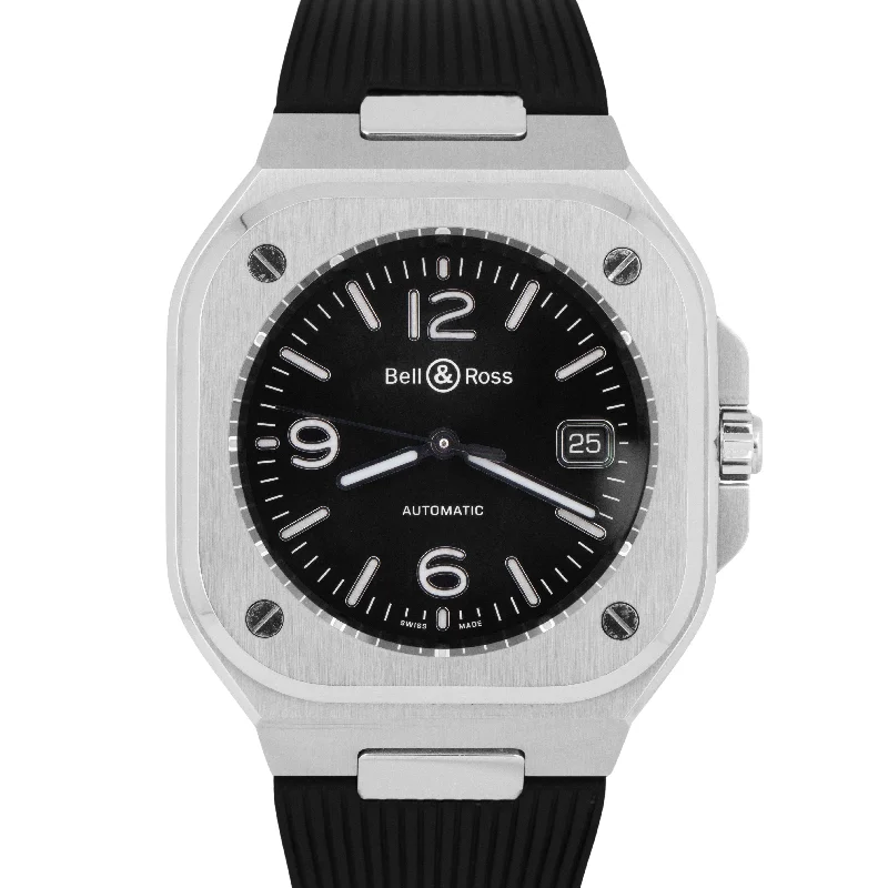 Unisex scratch-resistant watches-Bell & Ross Black Stainless Steel 40mm Rubber Date Watch BR05A-BL-ST/SRB BOX