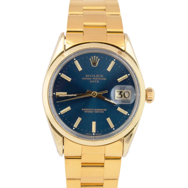 Unisex versatile wristwatches-TOP CONDITION PAPERS Rolex Oyster Perpetual BLUE 34mm Gold Shell Watch 1550 BOX