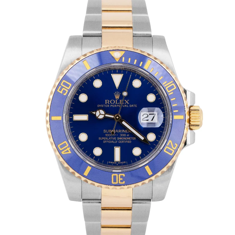 Unisex black watches-MINT PAPERS Rolex Submariner Date Ceramic 40mm Two-Tone Sunburst Blue 116613 BOX