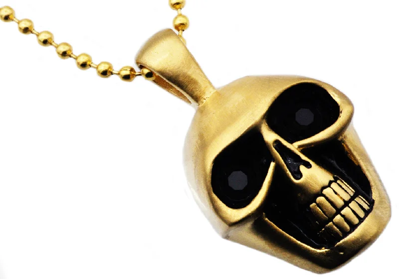 Women’s colorful gemstone necklaces-Mens Matte Finish Gold Stainless Steel Skull Pendant Necklace With Black Cubic Zirconia Eyes