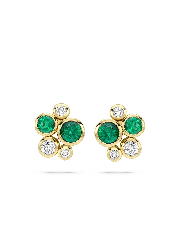 Women’s vintage drop earrings-Raindance Cluster Emerald Yellow Gold Stud Earrings