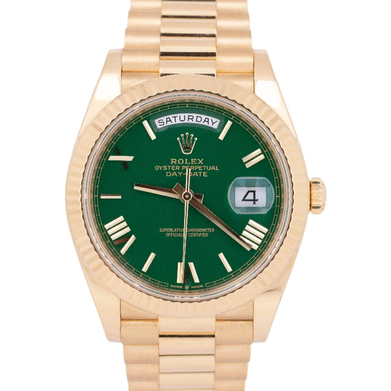 Unisex leather strap wristwatches-NEW PAPERS Rolex Day-Date President 18K Gold GREEN ROMAN 40mm Watch 228238 BOX