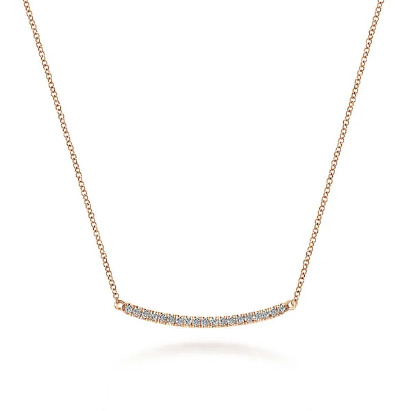 Women’s solitaire necklaces-18 inch 14K Rose Gold Diamond Pave Curved Bar Necklace