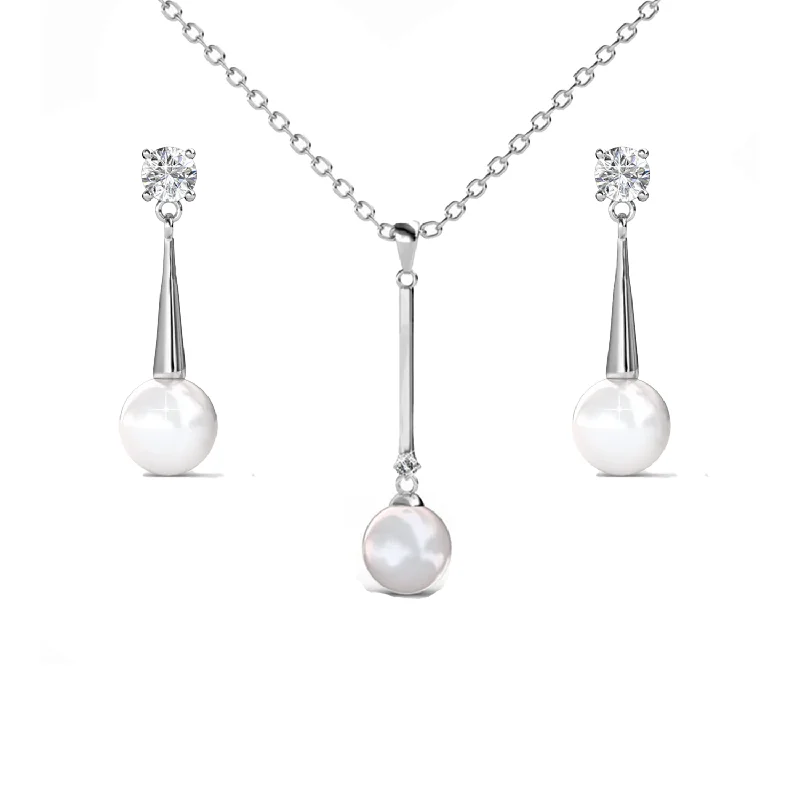 Women’s silver dangly earrings-Tatum 18k White Gold Necklace and Drop Dangle Pearl Earrings Jewelry Set with Swarovski Crystals