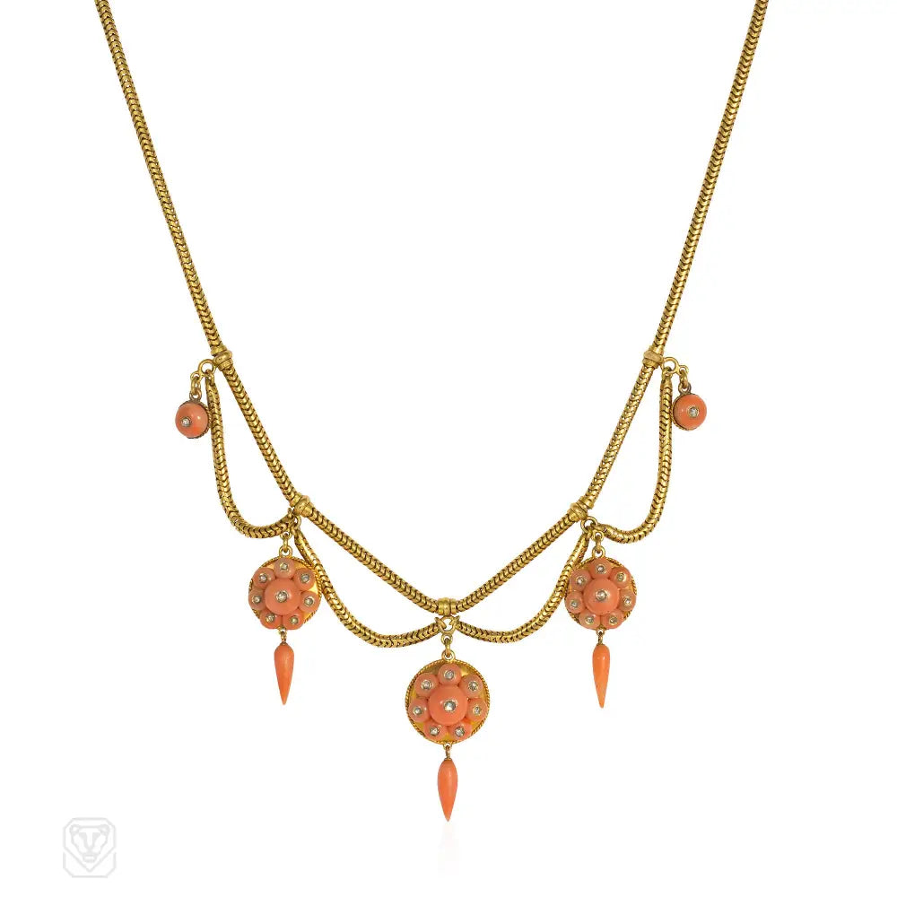 Women’s delicate necklaces-Antique coral and diamond swag necklace