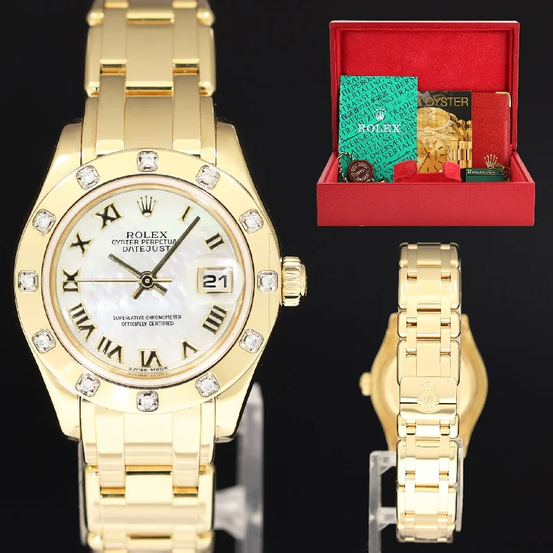 Unisex digital watches-MINT Rolex Pearlmaster Mother of Pearl 80318 Yellow Gold Diamond 29MM Watch Box