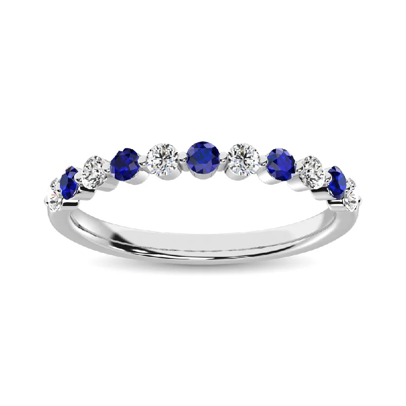 Women’s dazzling engagement rings-Diamond 7/8 Ct.Tw. And Blue Sapphire Stack Band in 14K White Gold ( 6 Diamond and 5 Blue Sapphire )