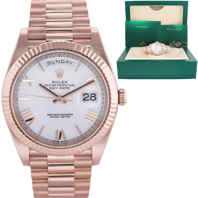 Unisex diamond-studded watches-2023 MINT Rolex President 40mm Rose Gold White Roman 228235 Watch Box