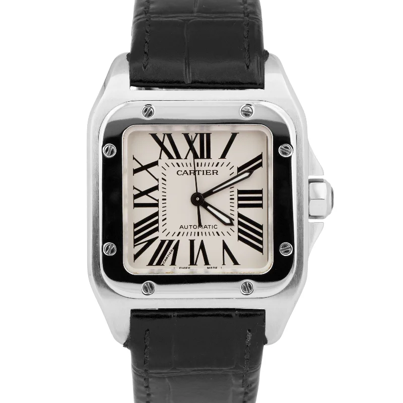 Unisex durable watches-Cartier Santos 100 33mm IVORY Stainless Steel Roman Leather 2878 W20126X8 Watch