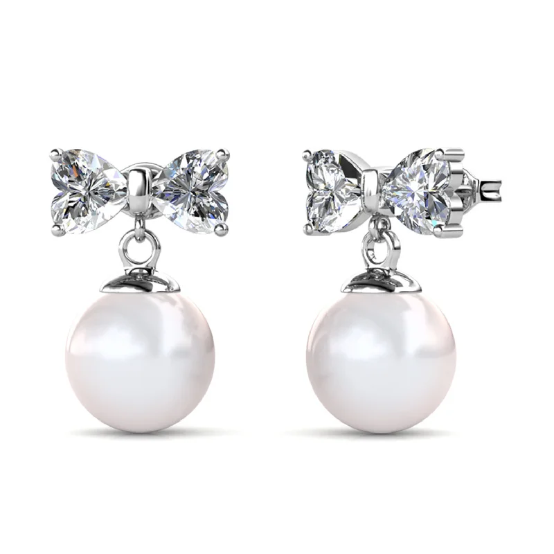 Women’s rhinestone earrings-Oakley 18k White Gold Plated Silver Drop Pearl Earrings with Swarovski Crystals