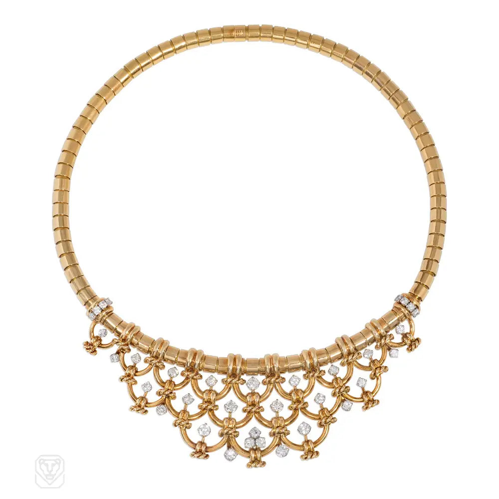 Women’s bar necklaces-1950s Verger Frères diamond and gold bib necklace