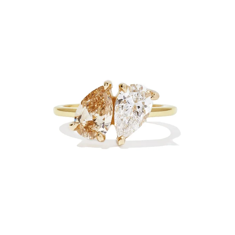 Women’s gold engagement rings-Pear Shaped Champagne Diamond Toi et Moi Ring