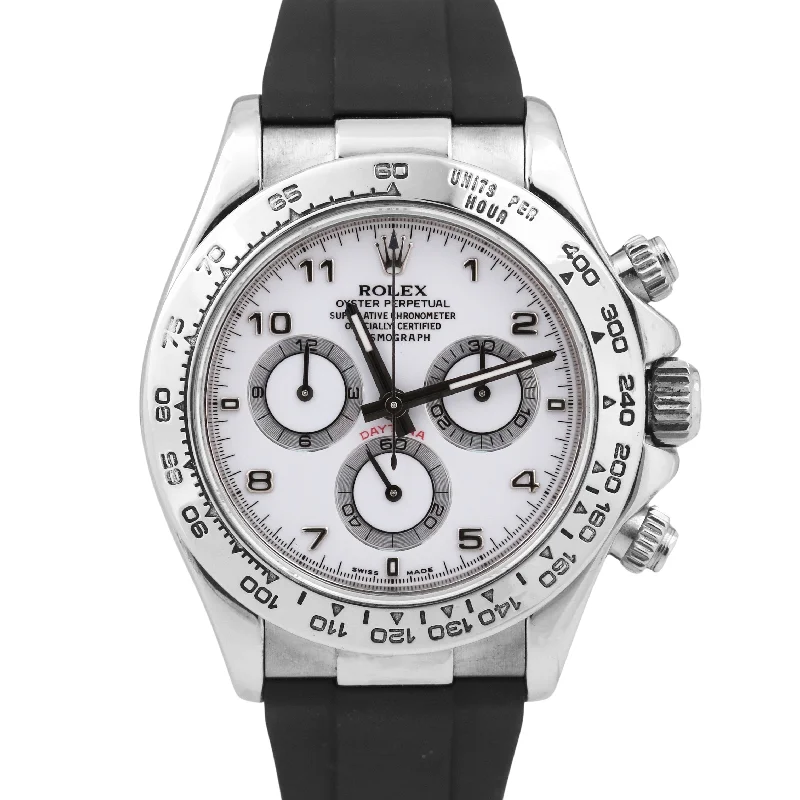 Unisex high-performance watches-Rolex Daytona Cosmograph WHITE ARABIC 18K White Gold Black Rubber Watch 116519