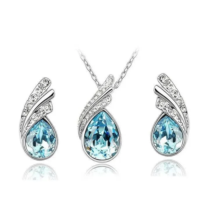 Women’s bar necklaces-Sea Blue Crystal Necklace Set