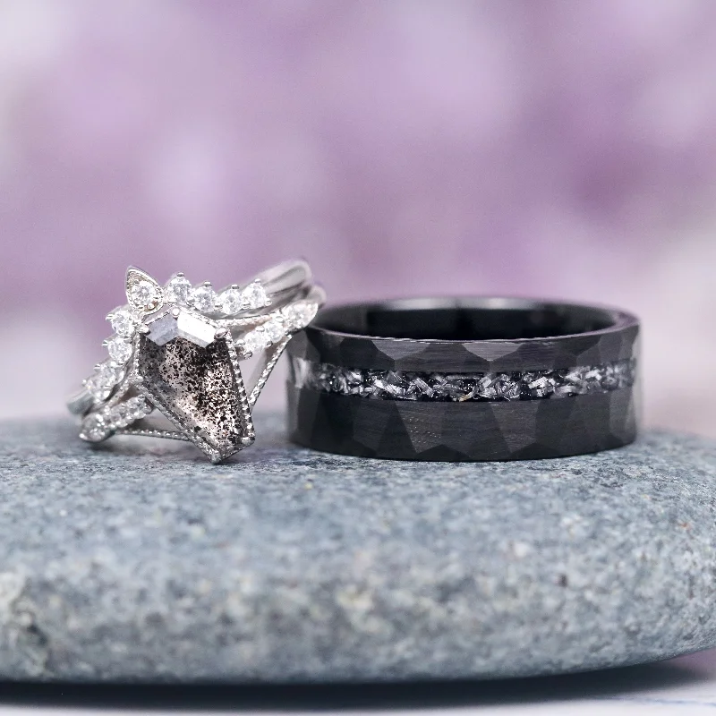 Women’s platinum diamond halo engagement rings-Galaxy Salt & Pepper (Herkimer) Diamond & Meteorite Couples Ring Set