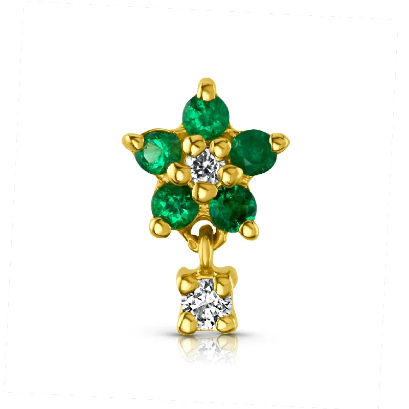 Women’s affordable engagement rings-SINGLE EMERALD FLOWER DIAMOND FLAT BACK STUD, 14kt Gold