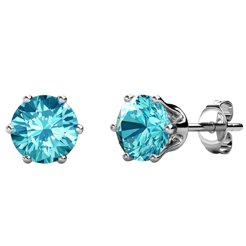 Women’s silver huggie earrings-March Birthstone Aquamarine Earrings 18k White Gold Plated Stud Earrings with 1CT Swarovski Crystal