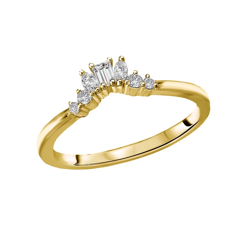 Women’s halo engagement rings-14ky Gold Marquise, Baguette, & Round Diamond Contour Band