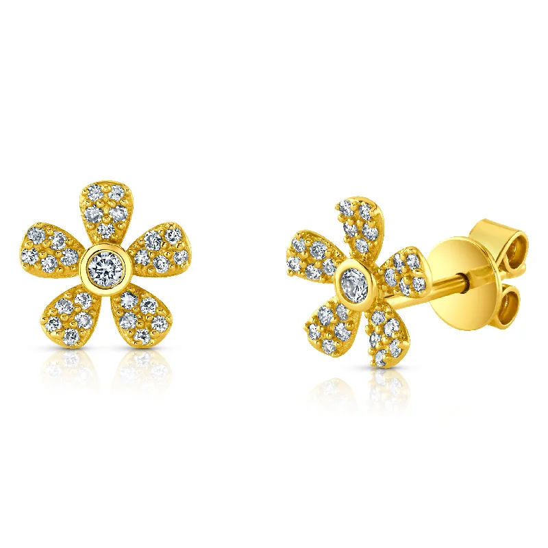 Women’s luxury solitaire engagement rings-FLOWER W/ BEZEL DIAMOND STUDS, 14kt Gold