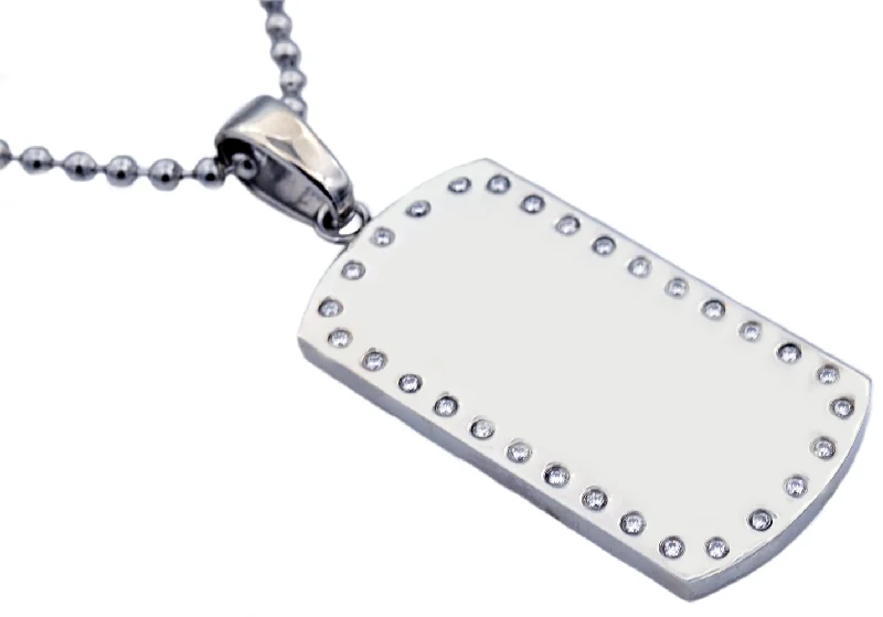 Women’s fancy necklaces-Mens Engravable Dog Tag Stainless Steel Pendant Necklace With Cubic Zirconia