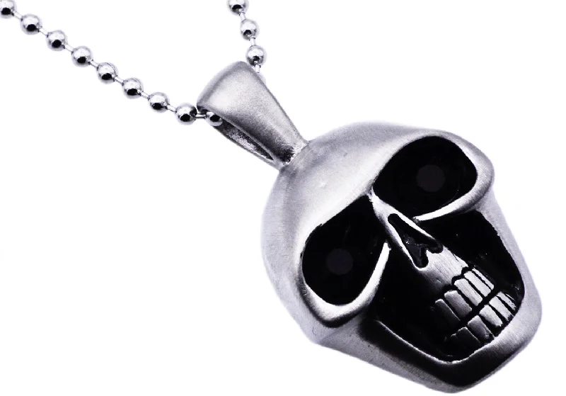 Women’s delicate necklaces-Mens Matte Finish Stainless Steel Skull Pendant Necklace With Black Cubic Zirconia Eyes