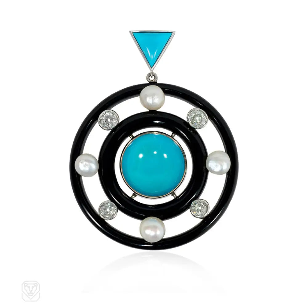 Women’s infinity heart necklaces-Art Deco onyx, turquoise, diamond, and pearl pendant