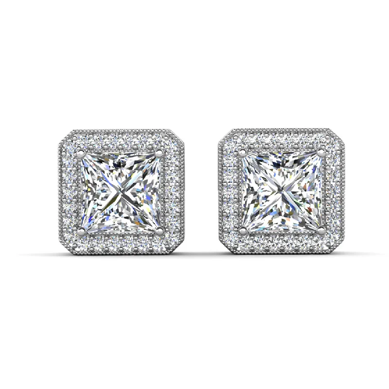 Women’s sparkling hoop earrings-Londyn 18k White Gold Plated Princess Cut Halo Stud Earrings with Simulated Diamond Crystals