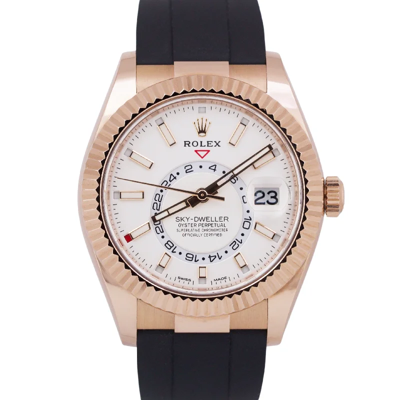 Unisex solar-powered watches-2023 Rolex Sky-Dweller WHITE 18K Rose Gold Fluted Oysterflex 326235 42mm BOX