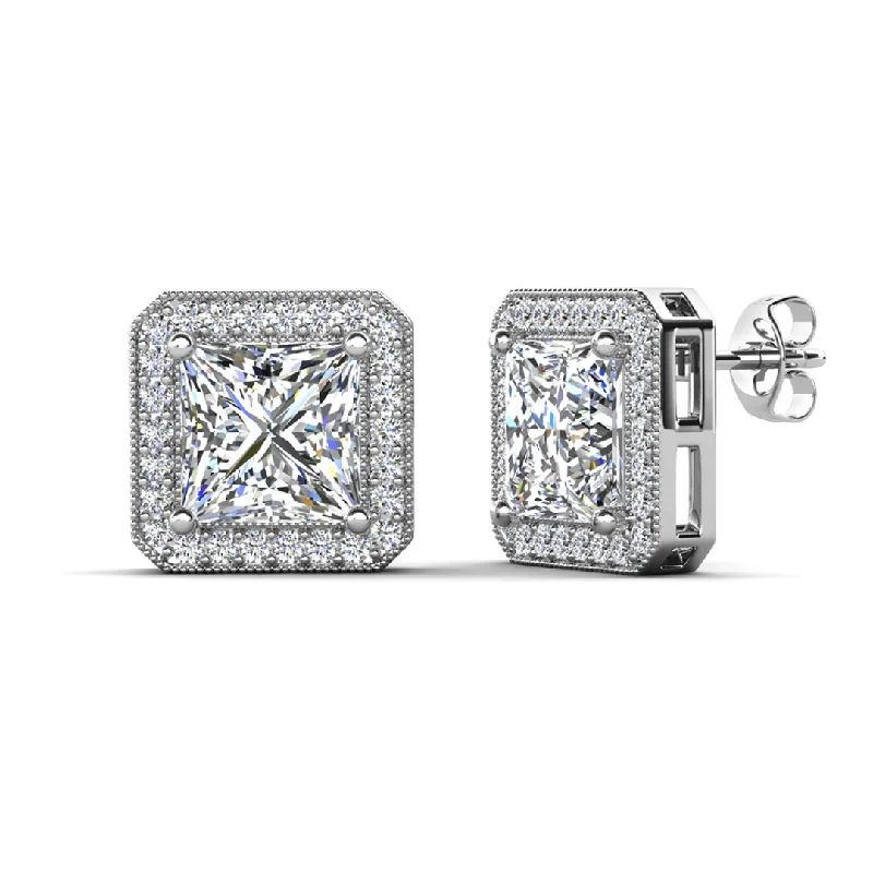 Women’s hoop earrings-Norah 18k White Gold Plated Princess Cut Halo Stud Earrings with Simulated Diamond Crystals