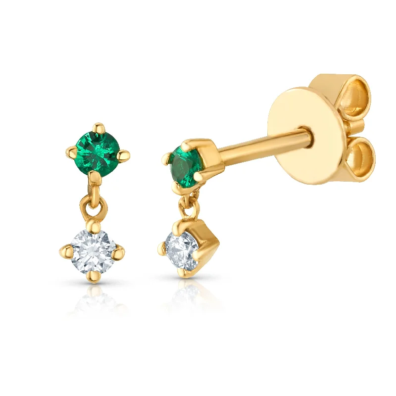 Women’s custom engagement ring designs-DELICATE EMERALD & DIAMOND STUD DANGLE, 14kt Gold