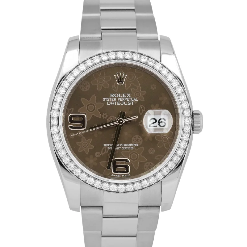 Unisex luxury leather watches-MINT Rolex DateJust 36mm FACTORY DIAMOND BEZEL Floral CHOCOLATE Watch 116244