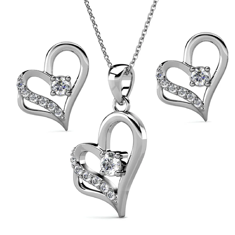 Women’s sparkling hoop earrings-Kara 18k White Gold Plated Silver Heart Necklace and Earring Set with Swarovski Crystals