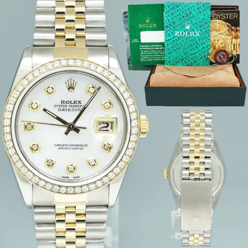 Unisex versatile wristwatches-DIAMOND BEZEL Rolex DateJust 16233 Two-Tone  Yellow Gold MOP Jubilee Watch Box