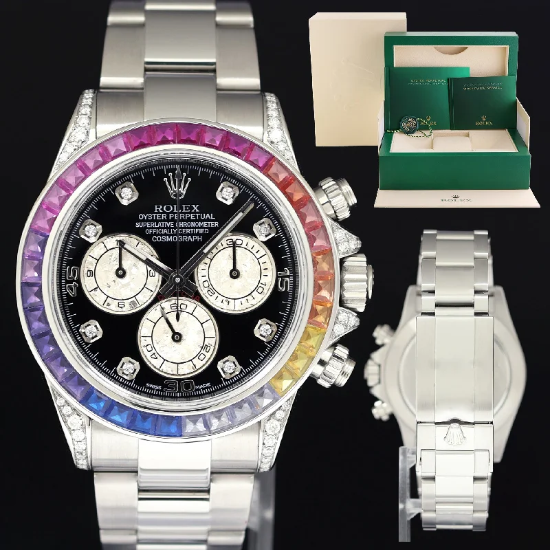 Unisex budget-friendly watches-2015 MINT Rolex Daytona 116520 Black Rainbow Diamond Steel 40mm Watch Box