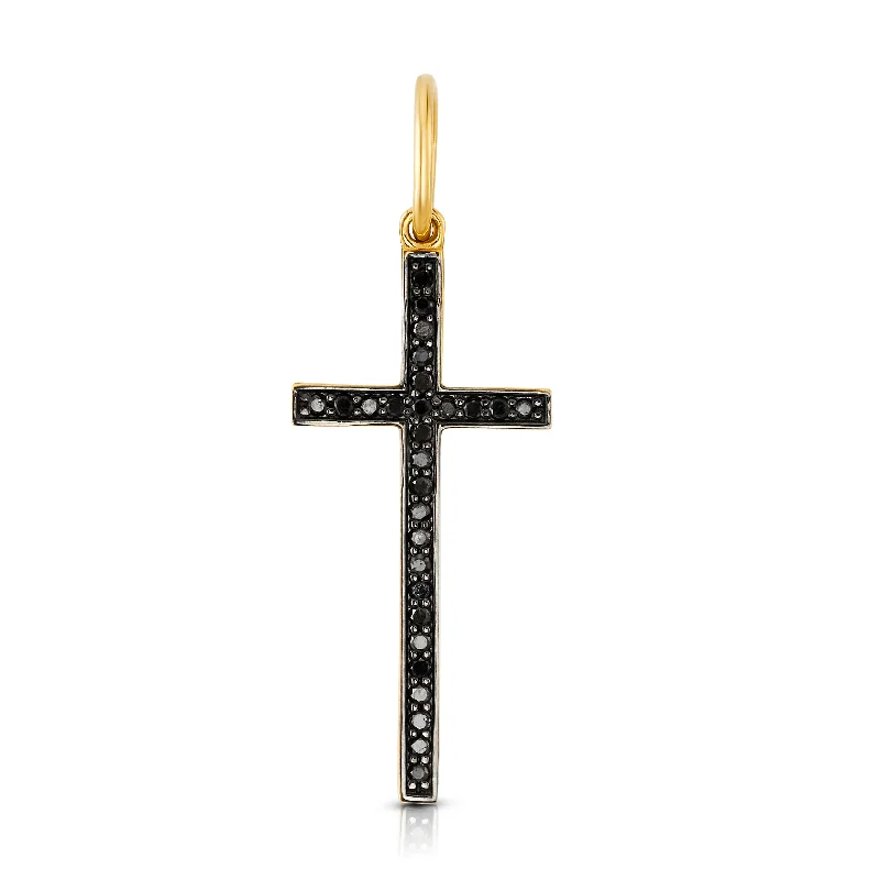 Women’s three-stone engagement rings-LONG BLACK DIAMOND CROSS, 14KT GOLD