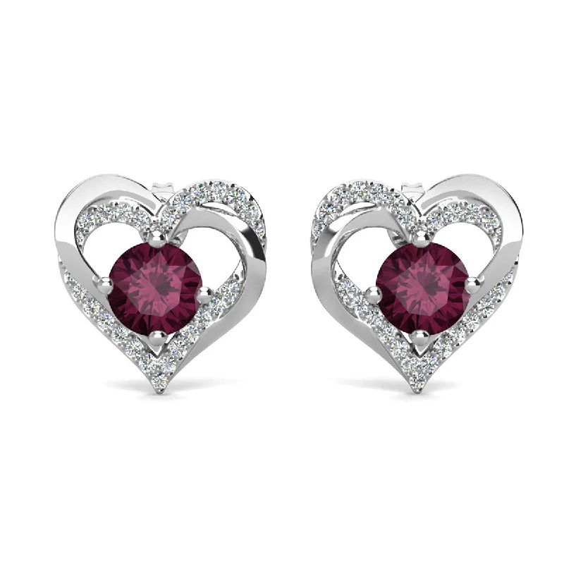 Women’s twisted earrings-Forever February Birthstone 18k White Gold Double Heart Stud Amethyst Earrings with Swarovski Crystals