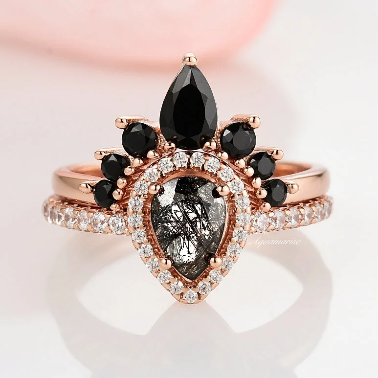 Women’s affordable engagement rings-Amy Rutilated Quartz & Black Diamond (Onyx) Ring Set- 14K Rose Gold Vermeil