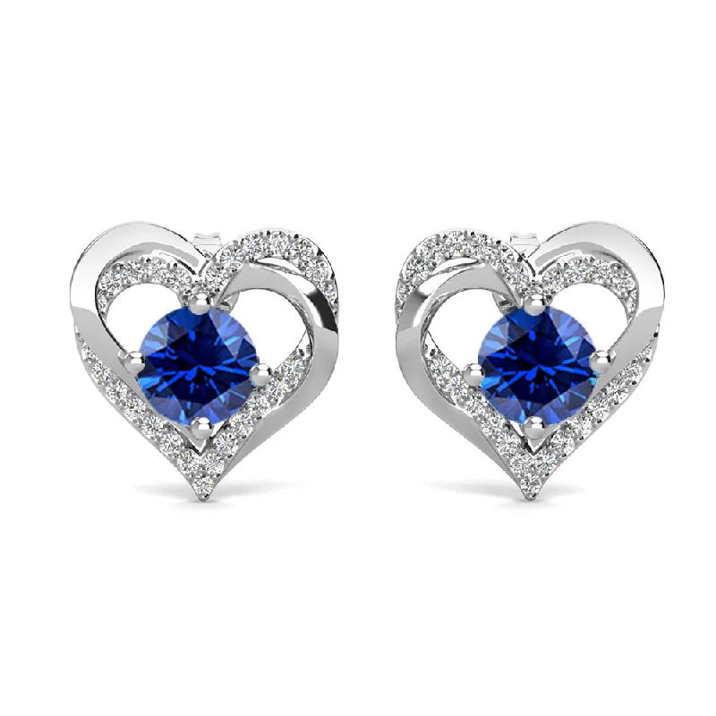 Women’s gold plated stud earrings-Forever September Birthstone 18k White Gold Plated Silver Double Heart Sapphire Earrings with Swarovski Crystals