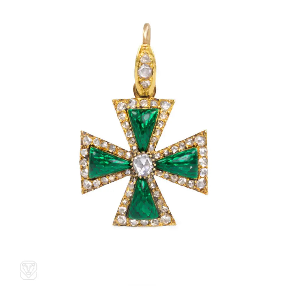 Women’s adjustable necklaces-Antique diamond and green enamel pendant