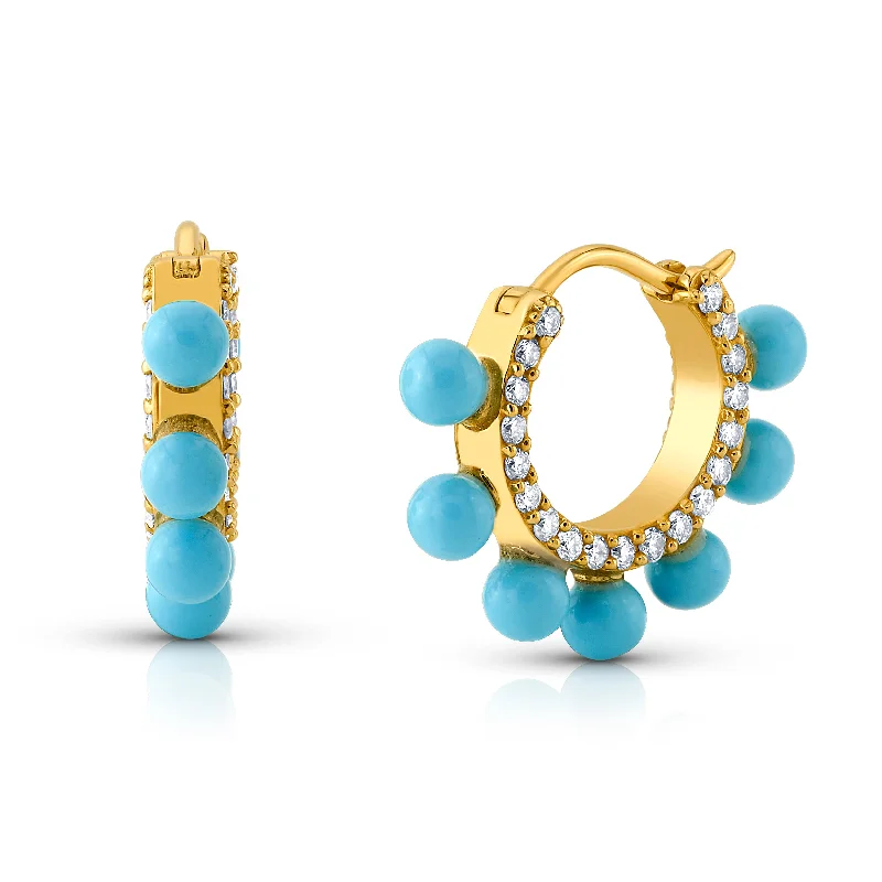 Women’s vintage-style engagement rings-STUDDED TURQUOISE & DIAMOND HUGGIES, 14kt Gold