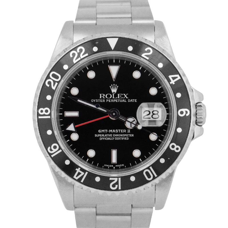 Unisex fitness trackers-Rolex GMT-Master II 40mm Black Stainless Steel Date Automatic Oyster Watch 16710