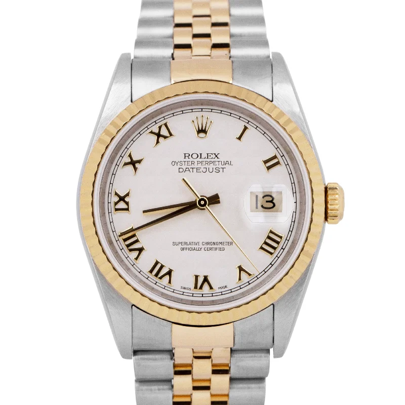 Unisex silver metal watches-MINT Rolex DateJust 36mm Ivory Pyramid Roman Two-Tone 18K Gold Watch 16233 BOX