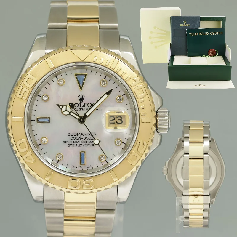 Unisex analog watches-2005 Rolex 16623 Two Tone Gold Steel Yachtmaster Mother of Pearl Diamond Watch Box