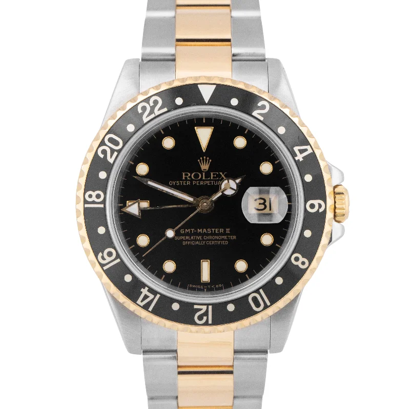 Unisex fitness trackers-PAPERS Rolex GMT-Master II Black Two-Tone 18K Yellow Gold 40mm Watch 16713 BOX