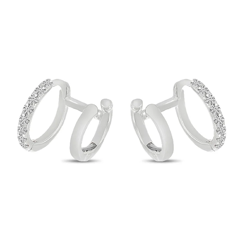 Women’s contemporary earrings-14K White Gold 0.24ct. Diamond Double Hoop Huggie Earrings